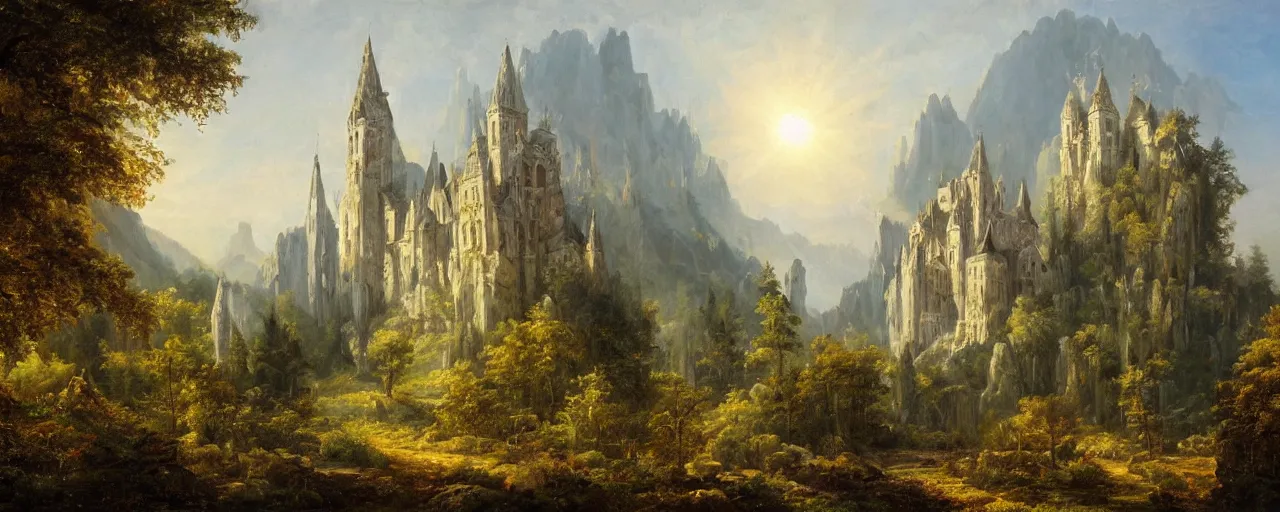 Prompt: white monastery with large tower upon sheer lime cliffs, a ray of sun illuminating, vast forest in the foreground, oil painting, high fantasy, extremely detailed