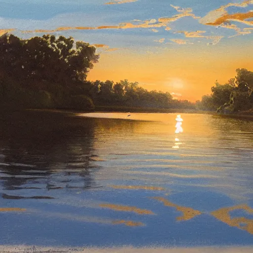 Image similar to 1 9 th century river boat in the deep south, evening sun, intense lighting, hyper realistic, gouache