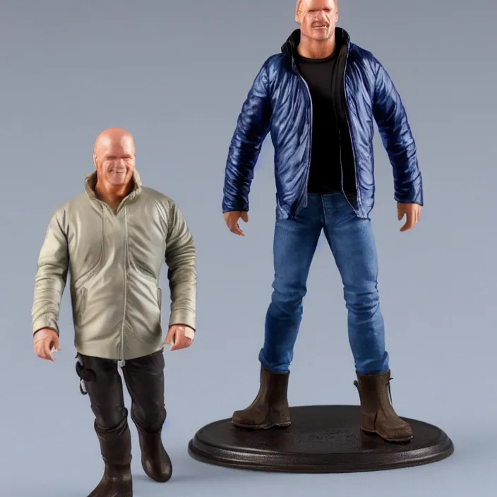 Prompt: a goodsmile figure of steve austin. a small, tight, undersized reflective bright blue round puffer jacket made of nylon. a black shirt underneath. dark jeans pants. a pair of big black rubber boots, figurine, detailed product photo
