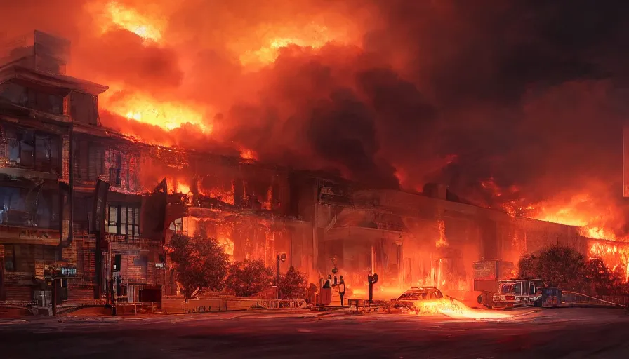 Image similar to A detailed render of a scene of Fire and explosions at the 3rd precinct in Minneapolis on fire, sci-fi concept art, lots of fire, dark, clouds, 8k, high detail, advanced rendering whimsically designed art, 4k post-processing highly detailed, Soft illumination