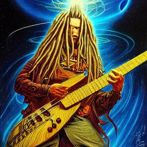 Prompt: a beautiful sci - fi drawing of a dreadlock samurai playing bass guitar, lightning flows from his body into the universe, by bob eggleton and jean giraud