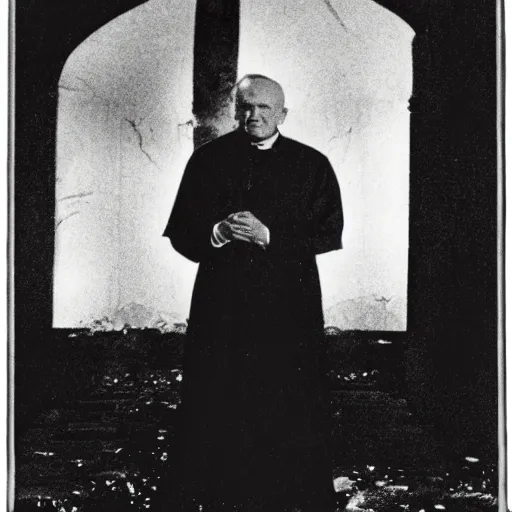 Image similar to john paul ii standing in a burning protestant church, night, pitch black