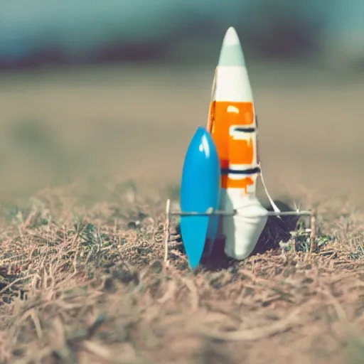 Prompt: A very detailed model rocketship in a bottle, launching, 35mm film grain, 50mm lens, lens flair