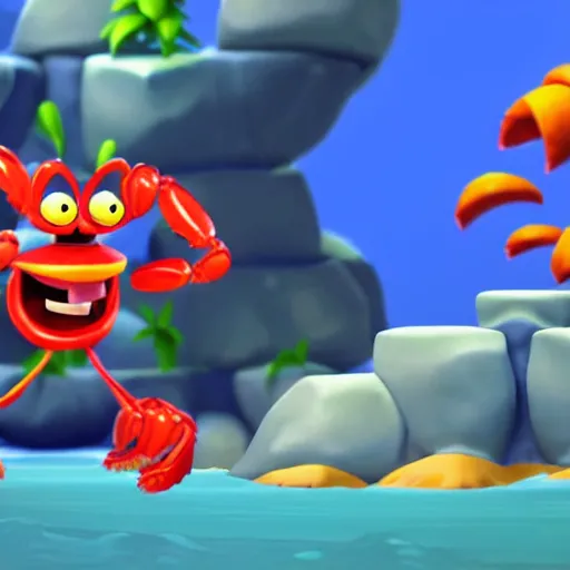 Image similar to screenshot of a cute wacky humanoid crab enemy with a coat in crash bandicoot video game, crash bandicoot 4, playstation 1 era graphics, activision blizzard style, 4 k upscaled graphics