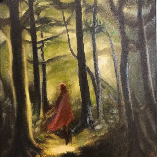 Image similar to Wanderer in the dark forest, oil on canvas