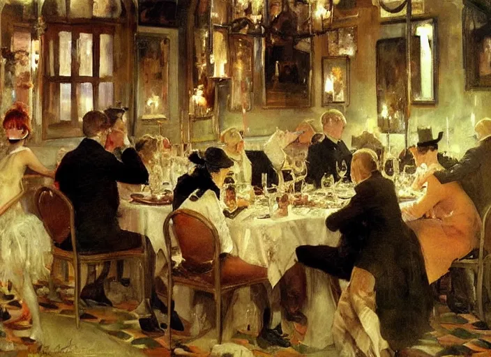 Image similar to gentlemens dinner, singing, roaring twenties, cellar, masterpiece, torches on wall, meat, wine, schnapps, smoking cigars, scantily clad blondes, oil painting by anders zorn and carl larsson, art nouveau