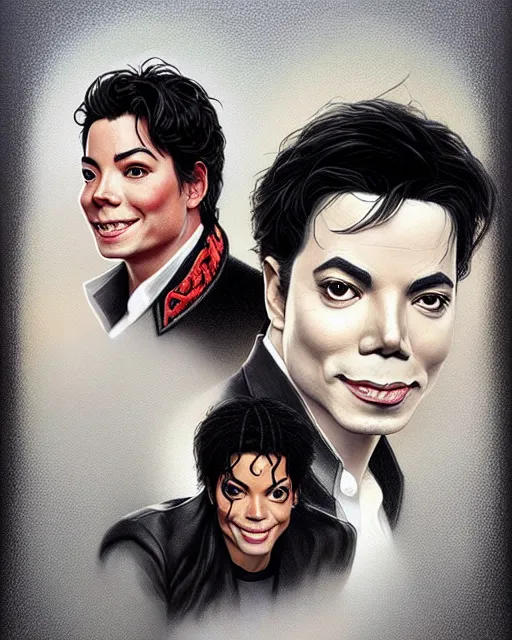 Image similar to Portrait of Michael Jackson & Michael Mcintyre in Ibiza,real life skin, intricate, elegant, highly detailed, artstation, concept art, smooth, sharp focus, art by artgerm and greg rutkowski and alphonse mucha