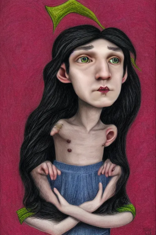 Prompt: multicolor drawing of elf boy with long black hair by mark ryden created at modern world in 4 k ultra high resolution