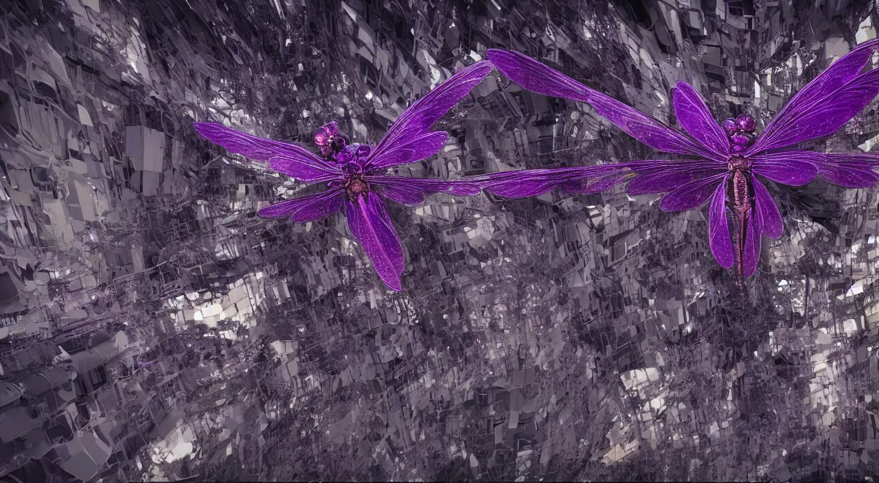 Image similar to a hi - resolution nature photograph of a dragonfly with wings made out of amethyst, flying over a cyber punk dystopian city. extremely detailed, mandelbulb 3 d, cinematic lighting