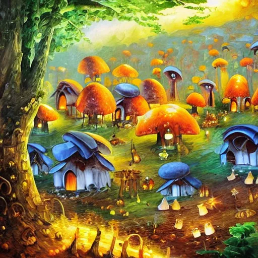 Prompt: forest village with mushroom houses, glowing fungi, art by james christensen, rob gonsalves, paul lehr, leonid afremov and tim white