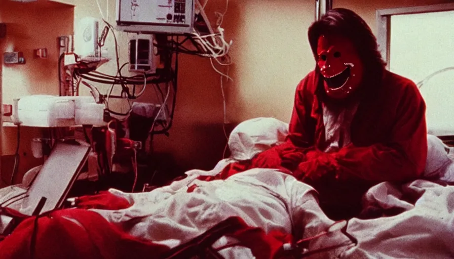 Prompt: 70s movie still of a man with red mask in hospital with a deep spiral in the mouth, eastmancolor, heavy grain, high quality, higly detailed, liminal space