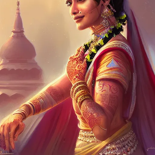 Image similar to portrait of Beautiful indian bride , full of details, matte painting, concept art, smooth, by Jordan Grimmer and by artgerm and by krenz cushart