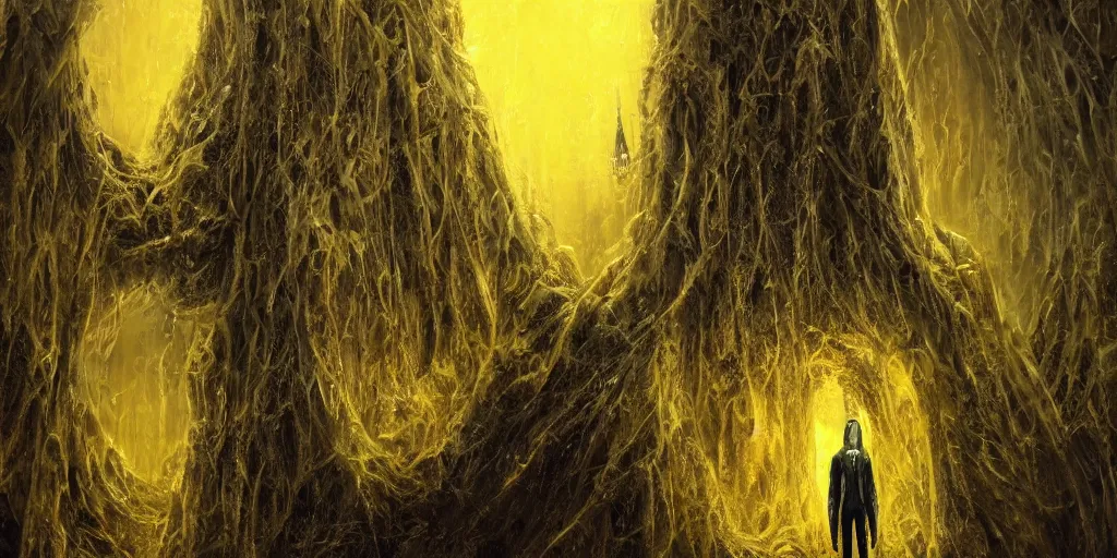 Image similar to a tall towering huge pale human wearing a yellow garment sitting upon an ornate stone throne, 4K, digital art, lovecraftian, lovecraft art, artstation, horror, dramatic, wearing a long yellow rotting garment, dark, hyperrealistic, dramatic perspective, complex (((dark))) cathedral background, dark background, highlights,