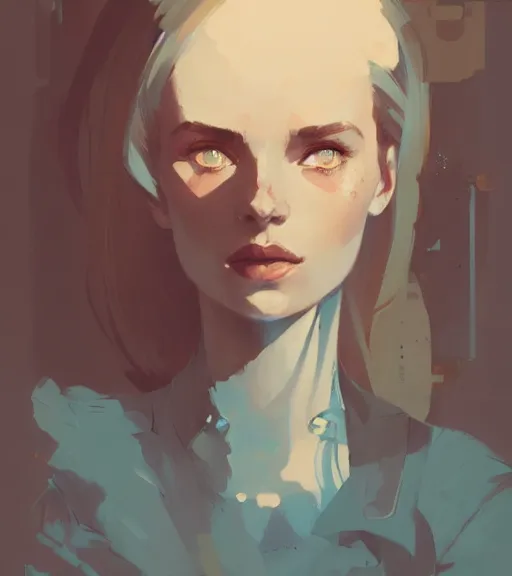 Prompt: portrait of nina zenik, by atey ghailan, by greg rutkowski, by greg tocchini, by james gilleard, by joe fenton, by kaethe butcher, dynamic lighting, gradient light blue, brown, blonde cream and white color scheme, grunge aesthetic