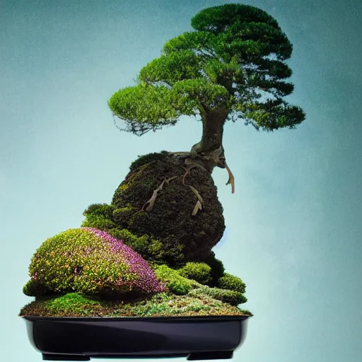 Image similar to A picture of a planet of various flowers, fungus and plants, Bonsai , in which the human figure is dressed in something magical and impressive, inside the picture is infinity, muted light, BotanicalAtmospheric phenomenon, artistic photography, muted colors, conceptual, Kodachrome