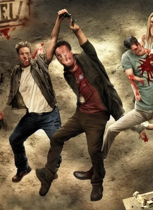 Image similar to a scene from friends where joey and chandler fight zombies, face enhance, realistic, shaun of the dead, izombie, ultra detailed, octane render, lovecraftian, horror, dead space, the walking dead
