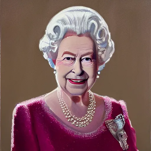 Prompt: ultra realistic painting of queen elizabeth ii in the 1 9 8 9 city of tacoma, wearing a water soaked white short dress, looking into the camera with a smirk, art by ross draws, 4 k, ultra realistic, highly detailed, epic lighting