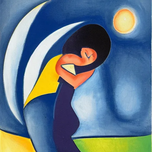 Prompt: woman hugs a child in the moonlight to protect him from the storm, high quality art in the style of cubism and georgia o’keefe,