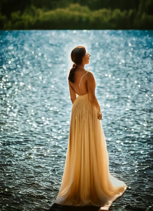 Image similar to a 2 8 mm holga photo from the back of a woman in a formal gown at the edge of a lake, splash art, movie still, bokeh, canon 5 0 mm, cinematic lighting, dramatic, film, photography, golden hour, depth of field, award - winning, anamorphic lens flare, 8 k, hyper detailed, 3 5 mm film grain