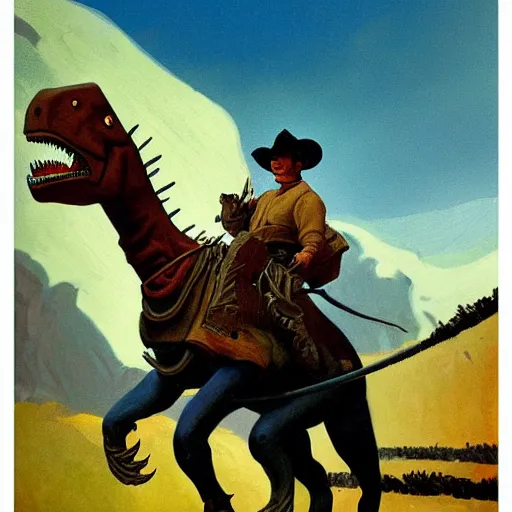 Image similar to a painting of a cowboy riding a dinosaur in the style of n. c. wyeth and in the style of james gurney.