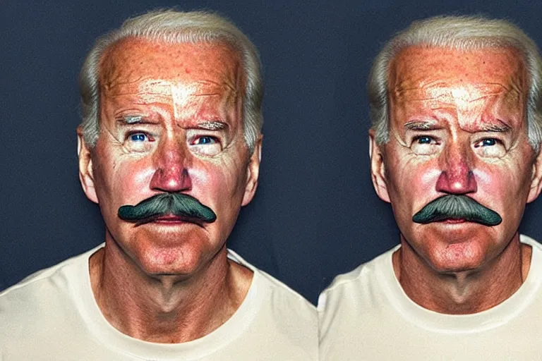 Image similar to mugshot of joe biden using a obviously fake mustache