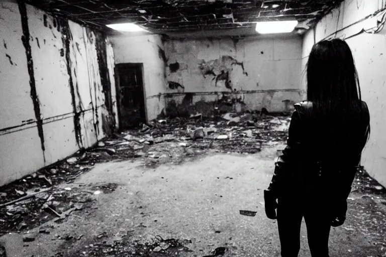 Prompt: a goth in leather, watching a black hole forming in the grimy grungy basement of an abandoned apartment block, grainy black and white photography