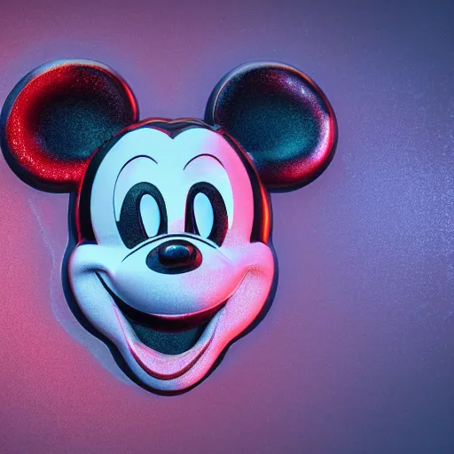 Image similar to counterfeit mickey mouse head, fractal, fractured broken, DMT dystopia, melting, wet, mycelium, radiant alien, rococo, baroque, automotive, bio-mechanical, porcelain, iridescent, sub surface scattering, octane render, unreal engine 5