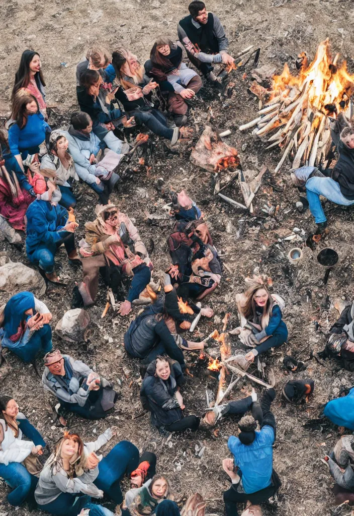 Prompt: realistic tribe gather around a bonfire with a pregnant woman as her leader, intense blue eyes, sharp, photography, antartic night, aerial race