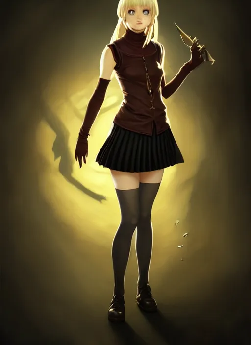 Image similar to portrait of a full body of beautiful young female detective, d & d, sleeveless turtleneck, pleated skirt, fantasy, flat lighting, intricate, highly detailed, digital painting, artstation, concept art, smooth, sharp focus, illustration, misa amane, art by simon bisley and greg rutkowski and alphonse mucha, natural tpose