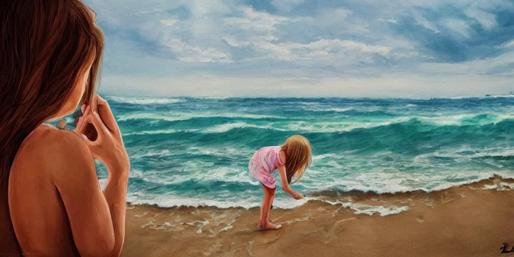 Prompt: girl looking at the ocean waves, superwide angle, intricate, highly detailed, illustration, art by Leon Bosko