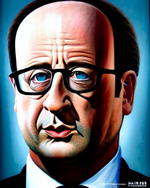 Image similar to hyperrealistic mixed media painting of François Hollande as Superlan, marvel, heroic pose, stunning 3d render inspired art by P. Craig Russell and Barry Windsor-Smith + perfect facial symmetry + dim volumetric lighting, 8k octane beautifully detailed render, post-processing, extremely hyperdetailed, intricate, epic composition, grim yet sparkling atmosphere, cinematic lighting + masterpiece, trending on artstation, very very detailed, masterpiece, stunning