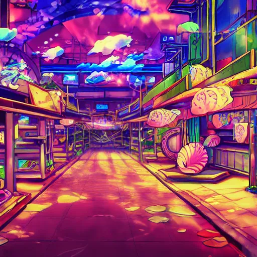 Image similar to anime background of an undersea shopping district built from various sea shells and corals, seaweed, light prisms, light diffraction, steampunk, cyberpunk, cool lights, anime, vhs distortion