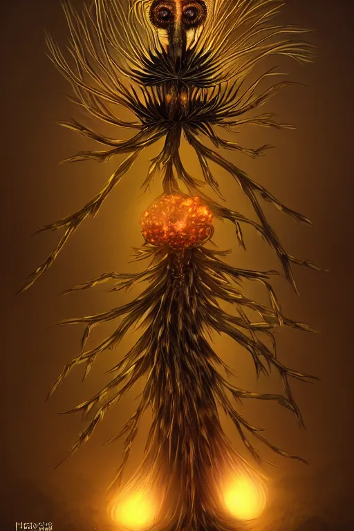 Image similar to a humanoid figure dandelion plant monster, amber eyes, highly detailed, digital art, sharp focus, ambient glow, trending on art station, anime art style