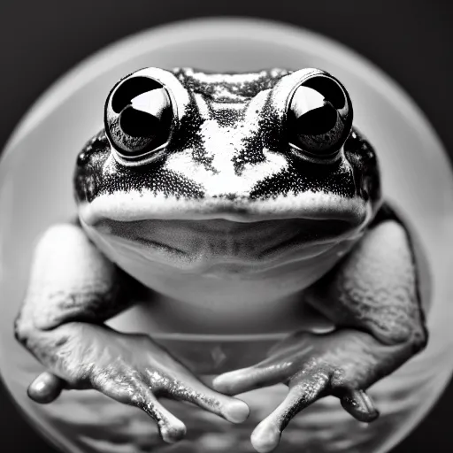 Prompt: A big black and white cartoon frog with big eyes, sitting on top of a backlit glass sphere. Misty. Volume light. Super close-up. Monochrome, 24mm wide-angle