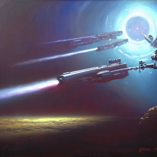 Prompt: a les edwards sci - fi style sci - fi gun, oil on canvas, smooth, sharp focus, vibrant volumetric natural light.