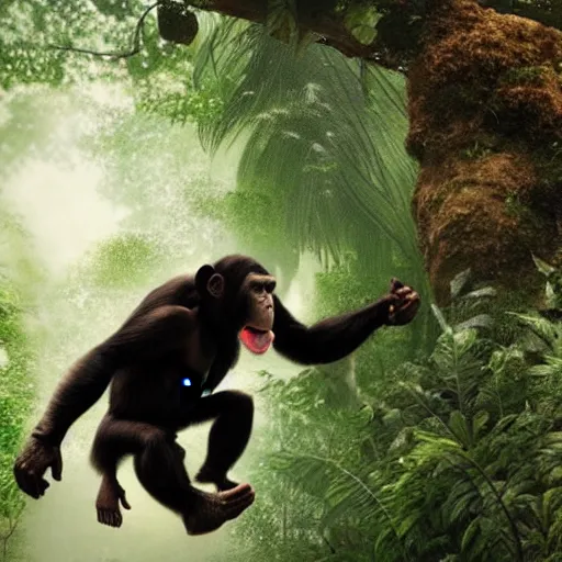 Image similar to Angry Chimpanzee Jumping, Epic Jump, Cinematic Photo, Cinematic Shot, Jungle, Foliage Boris Vallejo, Epic, 8k resolution, ArtStation, Hyperrealistic