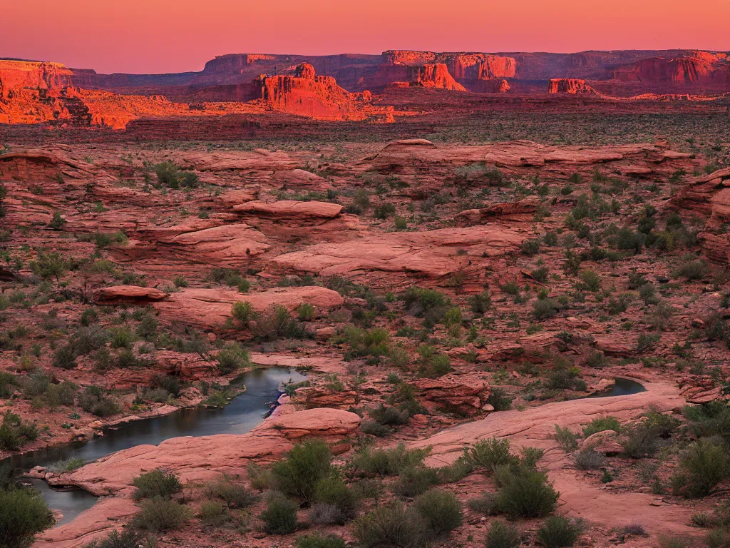 Image similar to “a river bend running through a canyon surrounded by desert mountains at sunset, moab, utah, a tilt shift photo by Frederic Church, trending on unsplash, hudson river school, photo taken with provia, national geographic photo”