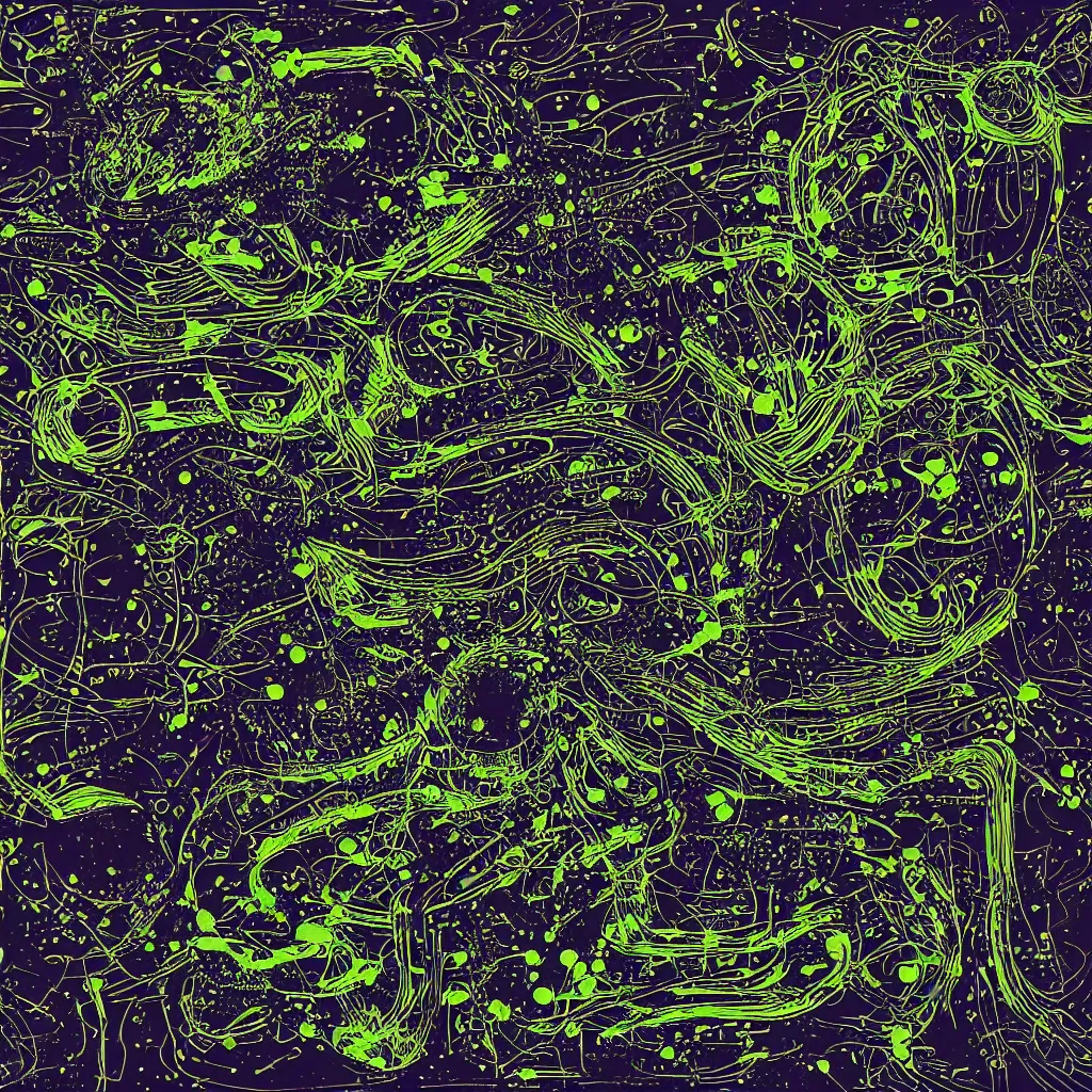 Image similar to toads, big toad, mechanical, technical, abstract, acrylic, oil, circuit board, lines, vektroid album cover, dots, drips, dimensions, tears, leaks, glitches, frogs, amphibians, geometry, data, datamosh, motherboard, minimal, vinyl, code, cybernetic, painting, dark, eerie, cyber