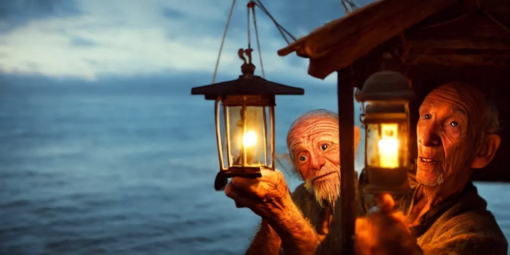 Image similar to film still of closeup old man holding up lantern by his beach hut at night. pirate ship in the ocean by emmanuel lubezki