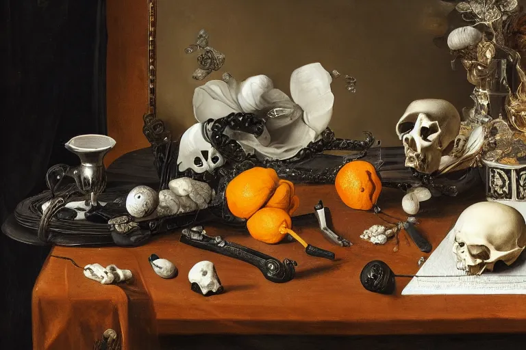 Image similar to a vanitas painting from the 21st century by clara peeters and pieter claesz with a skull but also with air pods, a smartphone and a huge NVIDIA RTX GPU , cables, wires