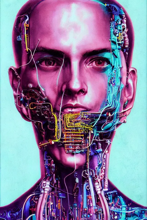 Image similar to portrait of computer & circuits, melting, giorno giovanna, 8 k, by tristan eaton, stanley artgermm, tom bagshaw, greg rutkowski, carne griffiths, ayami kojima, beksinski, giger, trending on deviantart, face enhance, hyper detailed, minimalist, cybernetic, android, blade runner, full of colour, super detailed