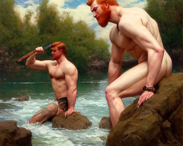 Prompt: handsome tattooed ginger gym bro bathes in the river, painting by artgerm, gaston bussiere, craig mullins, j. c. leyendecker, tom of finland