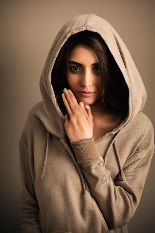 Image similar to short brown hair Arab Spanish shy beautiful young woman in a beige hoodie, Diwani calligrapher using bamboo pen, cinematic lighting, realistic, rule of thirds, photograph