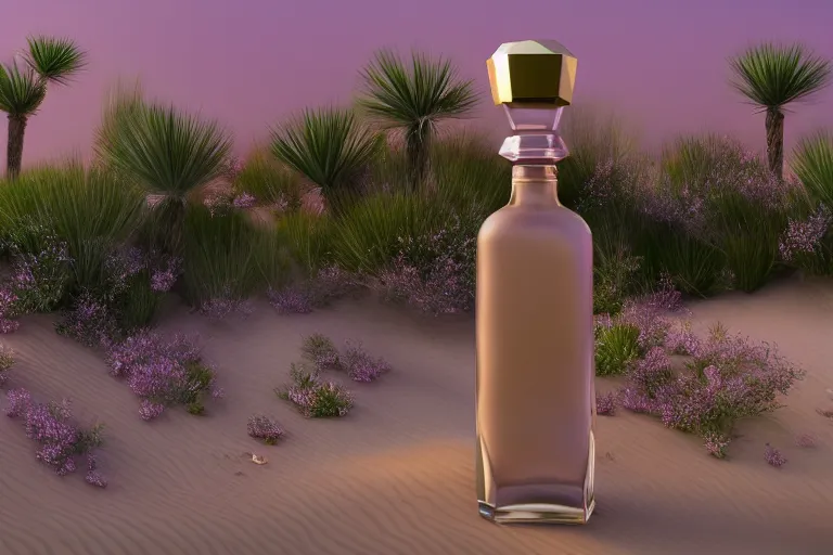 Image similar to perfume bottle buried in glittering oasis in the middle of a desert with blurred soft background flowers, soft lilac skies, silky smooth, dramatic, mid day, sand dune background, large scale, wind - swept, lots of detail, realistic lighting, octane render, by wlop, artgerm, trending on artstation