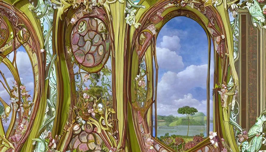 Prompt: a huge standalone hyperrealistic photorealistic hyperdetailed window reflecting a minimalist modern transmitter, seen from the distance. art nouveau rococo baroque in the style of caravaggio and botticelli. unexpected elaborate maximalist fabric elements hd 8 x matte background in vibrant vivid natural interesting colour textures