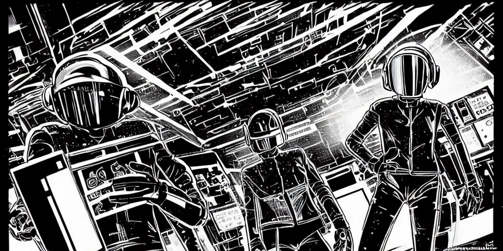 Image similar to detailed black ink manga artwork of 2 Daft Punk robot rock using Apple notebook Macbook at an underground warehouse rave in Ibiza, playing techno house music, thousands of beautiful girls in bikini dancing, in the style of manga illustration, wires, speakers, black and white ink, some ink drips, sharp details