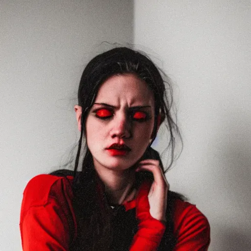 Prompt: a photo of a young woman. moody and melanchonic. red, yellow