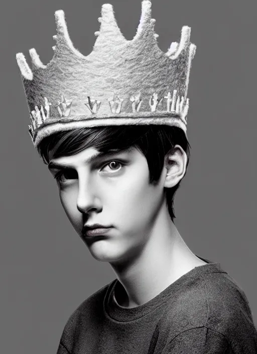 Image similar to portrait of teenage jughead jones wearing a light grey crown, photorealistic, crown made of felt fabric, crown, crown made of felt, black hair, intricate, elegant, highly detailed, digital painting, glowing lights, artstation, concept art, smooth, sharp focus, illustration, art by wlop, mars ravelo and greg rutkowski