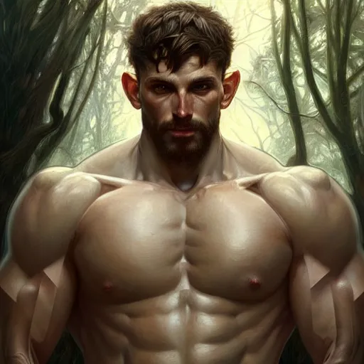 Image similar to portrait of forest gog, male, clear face, masculine, upper body, muscular, fantasy, intricate, elegant, highly detailed, digital painting, artstation, concept art, matte, sharp focus, illustration, art by artgerm and greg rutkowski and alphonse mucha