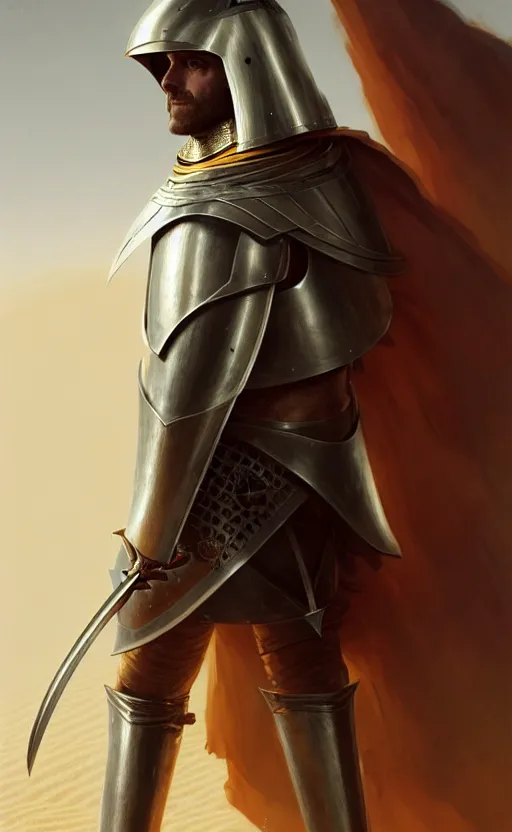 Prompt: white man looking forward in decorated plate armor, cylindrical crusader great helm covering all his head and white silk cape covering his elbows holding golden cross shaped heavy sword in the desert drawn by greg rutkowski realistic high detail